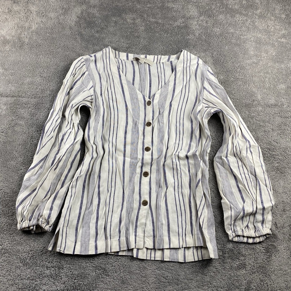 Loft Linen Blend Blouse Womens XS‎ Long Sleeve Blue White Buttons